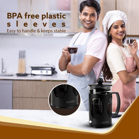 Elite French Press Coffee And Tea Maker, Borosilicate Glass Body With Sleeves, Glass Carafe, BPA Free Plastic Lid Strainer, 600Ml