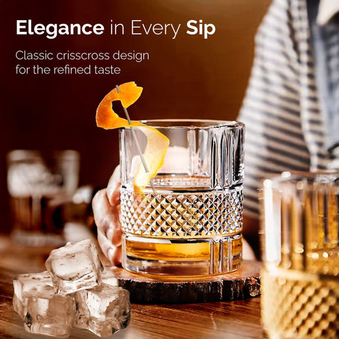 Elegant Whiskey Glass, Set of 6, 325ML, Crisscross Design, Crystal Clear, Perfect for Scotch, Whisky, Bourbon, Liquor, Wine, Cocktail Drinks , Stylish Design