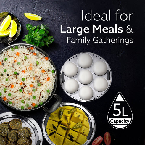 Elite Hard Anodised Multi Kadhai with Stainless Steel Lid, 5L, Gas Compatible, 3mm Thick Body, Riveted Handle