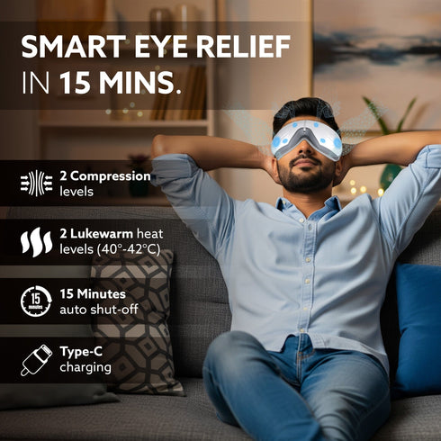 Supreme Eye Massager with Lukewarm Heat, Relax, Reduce Eye Strain, Relief from Stress, Headache & Migraine Pain, Air Compression Massage, 180° Foldable, 5 Modes, Bluetooth Music, Improves Sleep