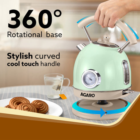 Regency Vintage Kettle 1.8L with Temperature Gauge, Hot Water Boiler & Tea Heater with Curved Handle, Visible Water Level Line, Led Light, Auto Shut-Off & Boil-Dry Protection, Green