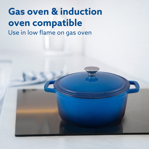 Royal Enamelled Cast Iron Casserole with Lid, Cooking Pot, No Chemical Coating, Fast Heat, Heavy Weight, Gas, Induction Oven Compatible, for Meat, Dal, Curry, Biryani, Pulao, Blue, 5 Liters