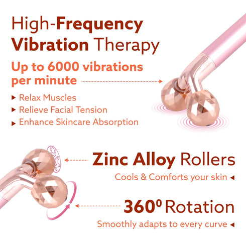 3-In-1 Face Roller, 3D V-Roller Head, Pointer Head, Facial Roller Kit for Face, Eye, Neck, Jade Roller, Anti-Aging Facial Massager for Anti-Wrinkle, (Rose Gold)