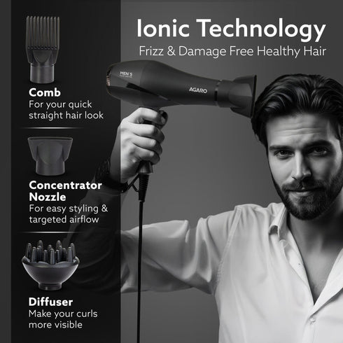2000W AC Professional Hair Dryer with Comb, Concentrator & Diffuser Nozzles, Hot & Cold Air, 2 Speed & 3 Temperature Settings with Cool Shot, 16A Socket, Hair Dryer & Blower for Men, Black