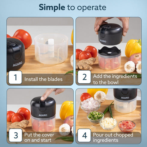 Elite Rechargeable Mini Electric Chopper, Food Grade Bowl, Stainless Steel Blades, Rechargeable, One Touch Operation, for Chopping Garlic, Ginger, Onion, Vegetable, Nuts, 250 Ml, Black
