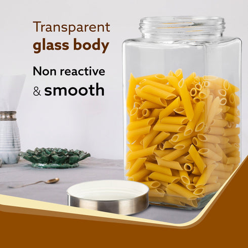 Elegant Glass Jar 2250 ml, Square Shaped, Steel Lid, Storage Glass Container, Transparent, Kitchen Organiser, Multipurpose Jar