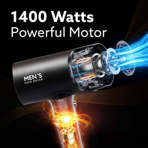 Premium Hair Dryer for Men with 1400 Watts Motor, 3 Temperature Settings & Cool Shot Button- Black