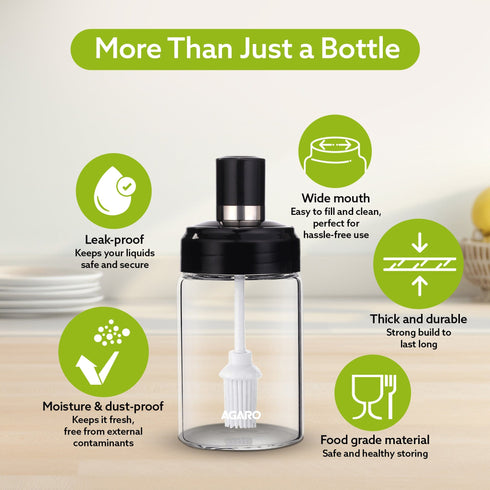 Elegant Glass Oil Bottle with Brush 250ml, Oil Container Bottle for Kitchen, Glass Bottle with Brush for Cooking, Baking, BBQ, Marinating
