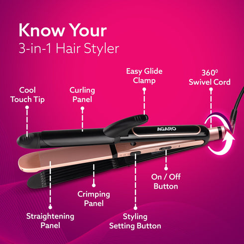 3in1 Hair Styler, Straightener, Crimper, Curler For Women HS1119, Keratin Infused Ceramic Coated Plate, Variable Style Settings, Hair styling, Colour Black & Rose Gold