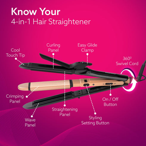 4 in1 hair Straightener,Wavy Hair, Crimper, Curler, Hair Styler, Keratin Infused Ceramic Coated Plate, Variable Style Settings, Hair Styling, Black & Rose Gold, HS1719