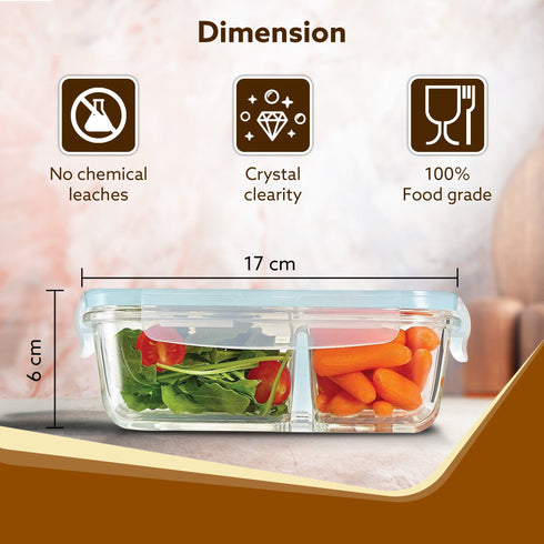 Elite Two Compartment Lunch Container, Borosilicate Glass Body, Leak proof Locking Lid, , Airtight Tiffin Containers, Microwave Oven Safe, 600Ml, Transparent