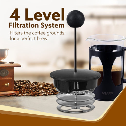 Elite French Press Coffee And Tea Maker, Borosilicate Glass Body With Sleeves, Glass Carafe, BPA Free Plastic Lid Strainer, 600Ml