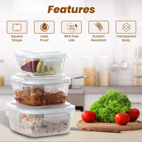 Elite Glass Container With Lid, 3 pcs Set - 320, 520, 800ml