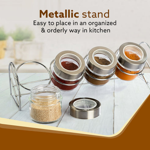 Elegant Glass Spice Jar with Metal Stand, Pack of 4, 100Ml Each, Transparent Body, Steel lid with transparent plastic, Stores Spices