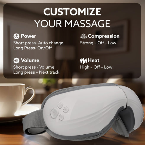 Supreme Eye Massager with Lukewarm Heat, Relax, Reduce Eye Strain, Relief from Stress, Headache & Migraine Pain, Air Compression Massage, 180° Foldable, 5 Modes, Bluetooth Music, Improves Sleep