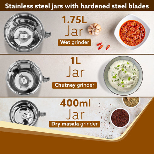 Royal Mixer Grinder 900W, Heavy Duty, 100% Pure Copper Motor, 3 Stainless Steel Jar, 3 Speed, Whip Function, Stainless Steel Blades, Wet & Dry Grinding, White