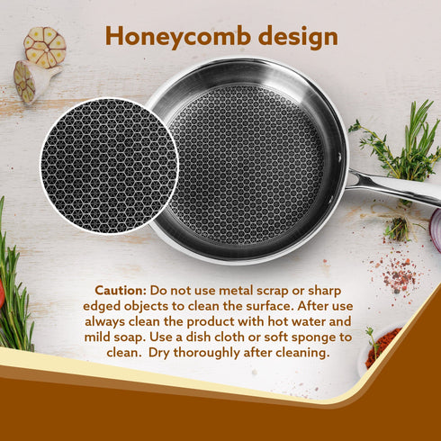 Royal Honey Comb Frying Pan, 1L Capacity, 22 cm Diameter, Tri-Ply Steel with Honey Comb, Riveted Handle, Food Safe & PFOA Free, Gas & Induction Compatible, Cooking, Frying, Serving, Silver