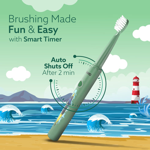 REX Lite Sonic Electric Kids Toothbrush with 3 Brushing Modes, 19000 Strokes per minute, Dupont Soft Nylon Bristles, Rechargeable Battery, Power Tooth Brush, Repleacble Heads, Green, 1 Count