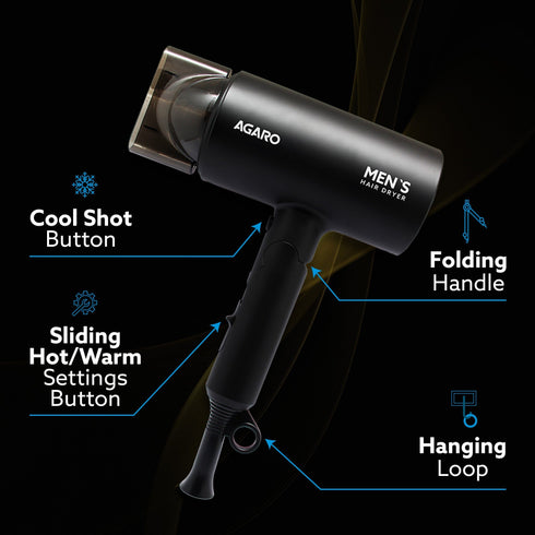 Premium Hair Dryer for Men with 1400 Watts Motor, 3 Temperature Settings & Cool Shot Button- Black