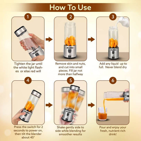 Galaxy Portable Blender, For Smoothie And Juices, Portable Hand Blender For Kitchen, USB Rechargeable Fruit Juicer Machine, 6 Sharp SS Blade, 450ml BPA Free Food Grade Jar