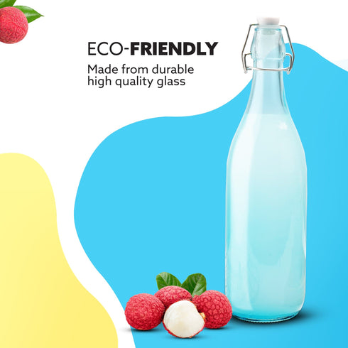 Elegant Flip Top Glass Bottle 1L Blue, 1000ml, Freezer Safe & Leakproof Flip Cap, Blue Colour & Stylish