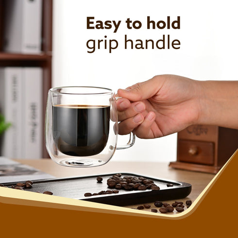 Elite Double Wall Glass Cups, 260 Ml, Insulated Tea & Coffee Cups, Hot & Cold Drinks, Coffee, Tea, Milk, Cappuccino, Juice, Microwave Safe, Stylish Espresso Chocolate Beverage, Pack of 2