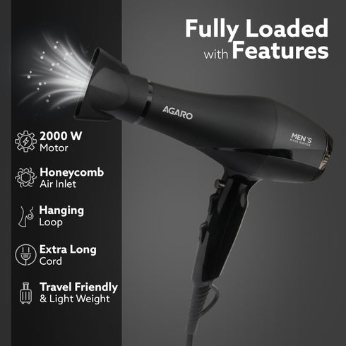 2000W AC Professional Hair Dryer with Comb, Concentrator & Diffuser Nozzles, Hot & Cold Air, 2 Speed & 3 Temperature Settings with Cool Shot, 16A Socket, Hair Dryer & Blower for Men, Black