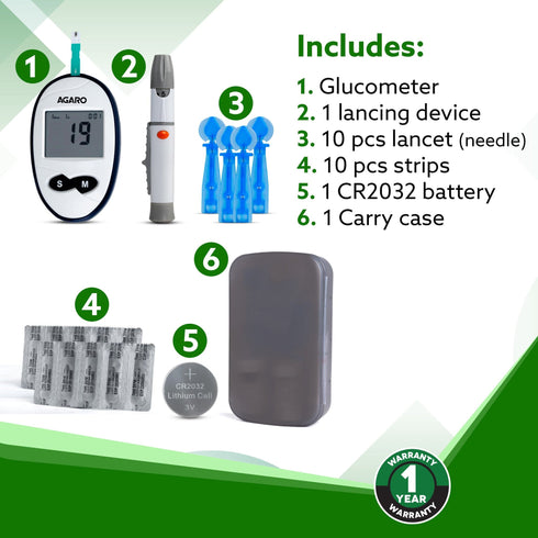 AGARO Glucometer, Blood Glucose Monitoring System with 10pcs Strips & Lancets, Glucometer Machine, Instant Blood Sugar Test at Home, Fast Blood Sugar Testing Device, Simple & Accurate, GLM-76