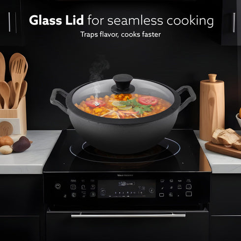 Royal Pre Seasoned Cast Iron Kadai with Glass Lid, No Chemical Coating, Rigid Iron Handle, 4.3L, Uni-Body Design, Fast Heating, Heavy Weight, Gas & Induction Oven Compatible, Cooking, Black
