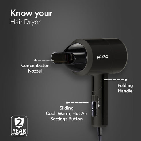 Hair Dryer for Men, 1200 Watts, 2 Heat Speed and Cool Mode, Foldable (Compact in Size), Black