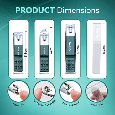 4-in-1 Nail Clipper Set – Manicure & Pedicure Kit with Fingernail & Toenail Clippers, Premium Glass Nail File, Ergonomic Non-Slip Grip, Travel Case for Men & Women (Dark Green)