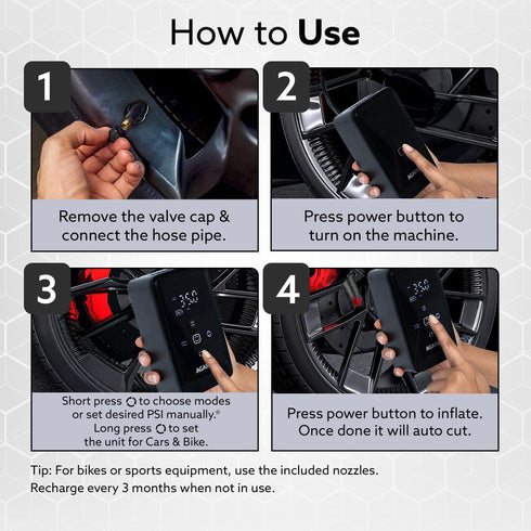 Atom Cordless Tyre Inflator, 150 PSI, 4500mAh Battery, Auto Shut-Off, Digital Display, LED Light, USB-C Charging, 12V DC Output, for Cars, Bikes, Balls & Inflatables