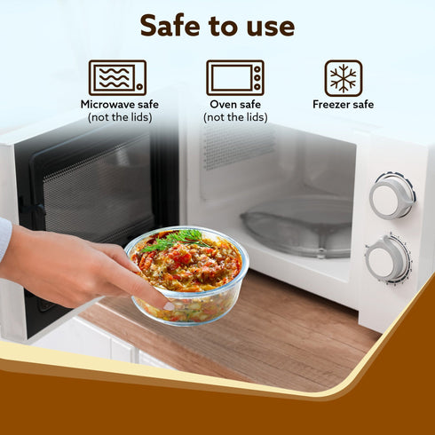 Elite Lunch Box, Set of 3 With Lunch Bag, Round Shaped, Borosilicate Glass, Leakproof & Airtight Locking Lids, Microwave & Freezer Safe, Office Lunch Box Set, Transparent, Set of 3 ƒ?? 400ml+400ml +400ml