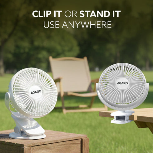 Regal Portable Clamp Fan | Rechargeable USB-C Compatible Table Fan with 3 Speeds, Multi-Clip Function, 3400 RPM & 5 Hours Runtime | 5-Inch Quiet Mini Fan for Home, Office, Car & Kitchen | White