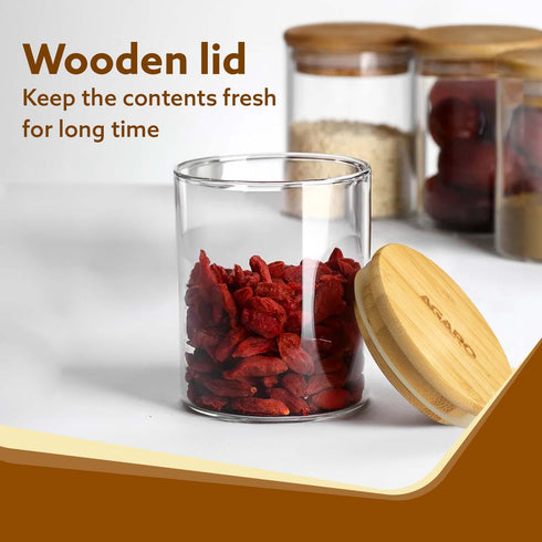 Elite Borosilicate Glass Jar 210 ml With Wooden Rack, Storage Glass Container, Transparent, Kitchen Organiser, Multipurpose Jar, Pack of 3