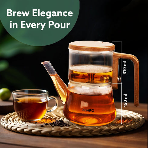 Elite Borosilicate Glass Tea Pot for Loose Tea, Stainless Steel Infuser, 760ml, Anti Scaled Side Handle, Heat Resistant, One-Touch Magnetic Filtration & Water Separation, for Home & Office
