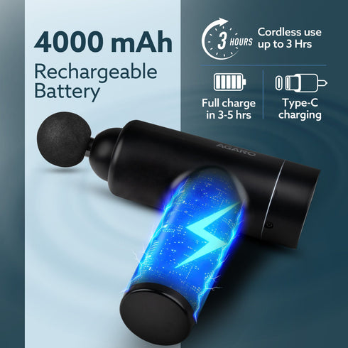 Regal Gun Massager, 4 Heads, 6 Speed, Rechargeable, Handheld, Percussion Muscle Massager for Full Body Pain Relief, Muscle Relaxation of Neck, Shoulder, Back, Foot for Men & Women, Black.