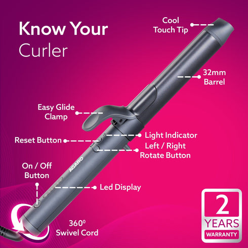 Prima Rotating Hair Curler, 32 mm Ceramic coated barrel, Automatic Curling, Fast Heating, Ceramic Coated Titanium Barrel for Long/Medium Hair, Professional Self Curling Hair Styler, For Women, Black