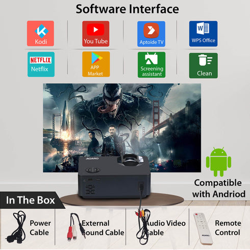 AG60S Andriod HD Projector with 2000 Lux Full HD 1080P Video Projector, Compatible with Smartphone, HDMI,VGA,AV and USB, SD Card with WIFI and 8GB Internal Memory