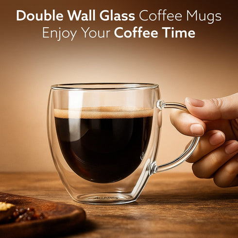 Elite Double Wall Glass Cups 250ml, Pack of 2 | Premium Borosilicate, Heat Resistant, Microwave & Dishwasher Safe, Ideal for Coffee, Tea, Latte & Cold Beverages