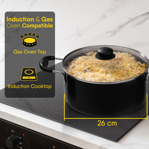 Elegant Non Stick Biryani Pot with Glass Lid, 26 cm Diameter, 5.5L Capacity, Non Stick Coated Aluminium Pot, Side Handle, Gas & Induction Oven Compatible, Biriyani, Pulao