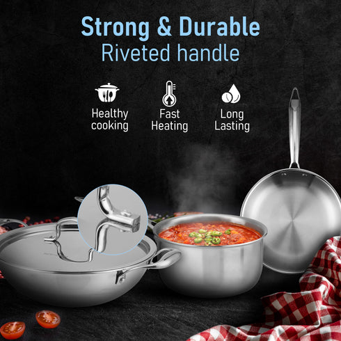 Regency Triply Cookware Set of 3, 24 cm Kadai with Stainless Steel Lid, 22 cm Frying Pan & 16 cm Saucepan