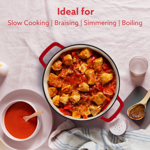 Royal Enamelled Cast Iron 5L Casserole with Lid, Cooking Pot, No Chemical Coating, Fast Heat, Heavy Weight, Gas & Induction Oven Compatible, for Meat, Dal, Curry, Biryani, Pulao, Red
