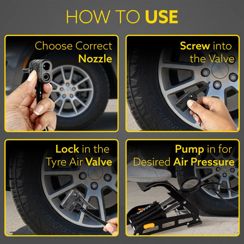 Foot Tyre Inflator, Double Cylinder Rapid Inflation, 160 PSI, High-Pressure Foot Air Pump with Integrated Gauge for Car, Bike & Cycle, Hands-Free Pedal Operation, Durable Steel Base, FP1919