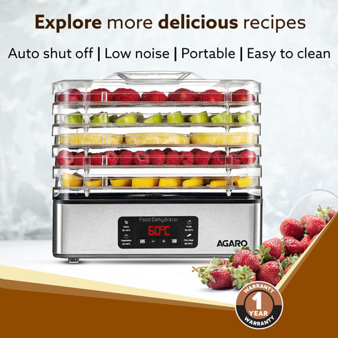 Regal Food Dehydrator, 5 Stackable Stainless Steel Trays, Digital Adjustable Timer & Temperature Control, Food Preserver Machine with Drying Capacity for Fruits, herbs, Veggies, Silver