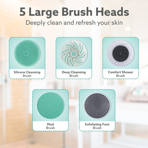 Electric Bath Brush – USB Rechargeable, IPX6 Waterproof | 5 Brush Heads, 3 Cleaning Modes, 360° Rotatable Electric Shower Brush with 14.5” Long Handle