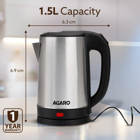 AGARO Sonnet Electric Kettle, 1.5L, 1500W, Stainless Steel Body