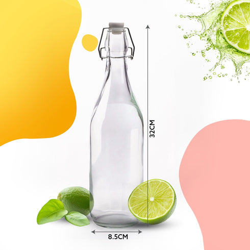 Elegant Flip Top Glass Bottle 1L Transparent, 1000ml, Freezer Safe & Leakproof Flip Cap, Clear & Stylish