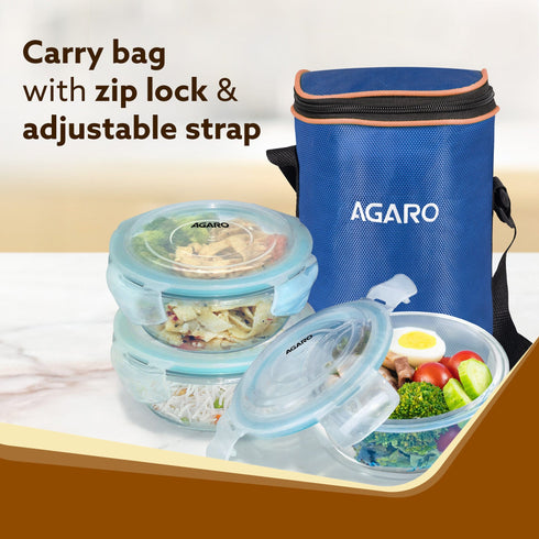 Elite Lunch Box, Set of 3 With Lunch Bag, Round Shaped, Borosilicate Glass, Leakproof & Airtight Locking Lids, Microwave & Freezer Safe, Office Lunch Box Set, Transparent, Set of 3 ƒ?? 400ml+400ml +400ml