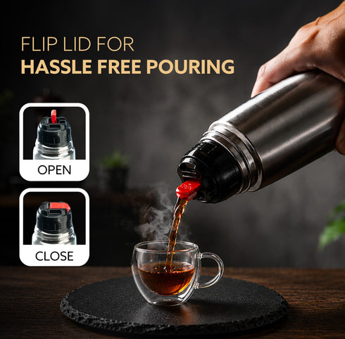 Delite Stainless Steel Flask with Bag, 500ml, Up to 24 Hrs Hot & Cold, ISI Certified, Triple Vacuum Insulated, Leak Proof, Flip Lid Closure, BPA & Rust Free, for Travel, Office & Outdoor Use
